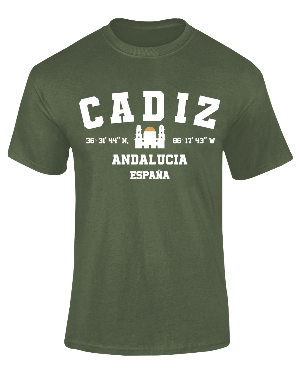 Camiseta Cádiz verde militar con diseño Coordenadas Cádiz Andalucía España
