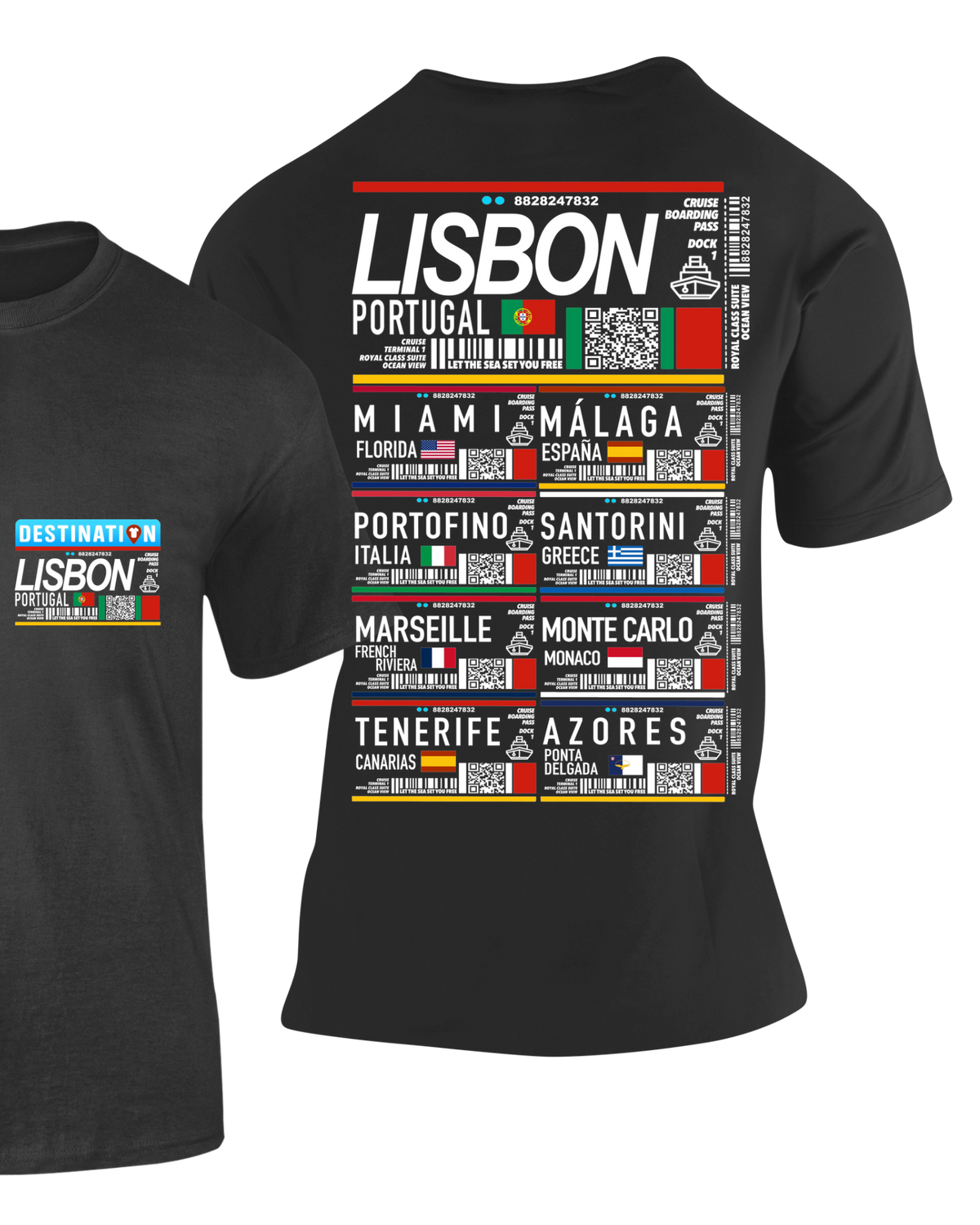 Camiseta Lisboa Portugal negra con estampado cruise boarding pass en la espalda y logo en el pecho