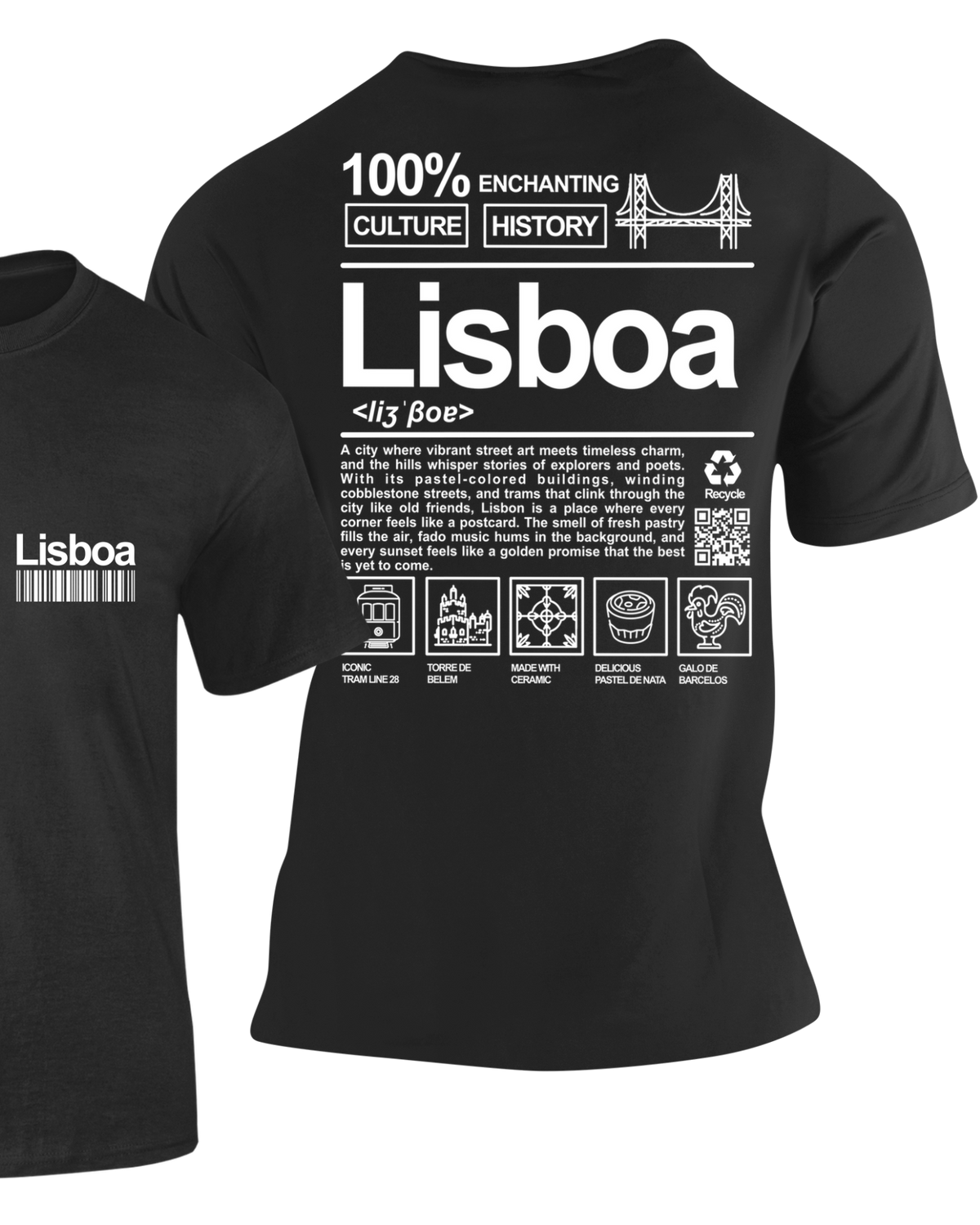 Camiseta Lisboa Portugal negra con estampado tipo definición en la espalda y logo en el pecho