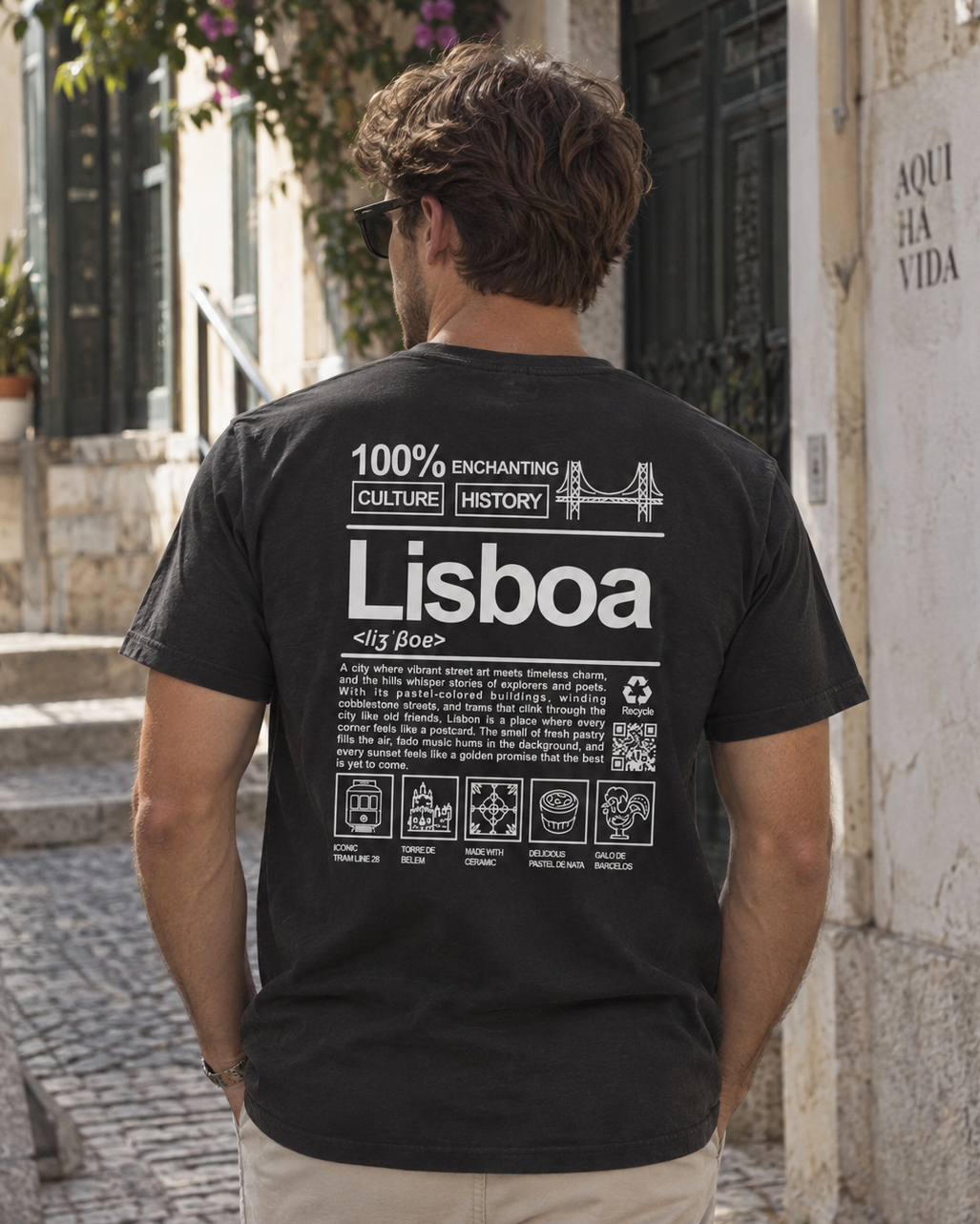 Modelo con camiseta Lisboa Portugal negra, diseño Definición Lisboa en la espalda