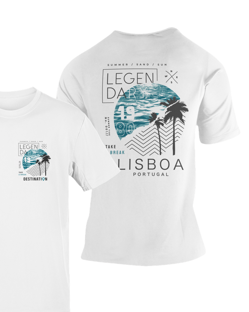 Camiseta Lisboa Portugal blanca con estampado Legendary en la espalda y logo en el pecho