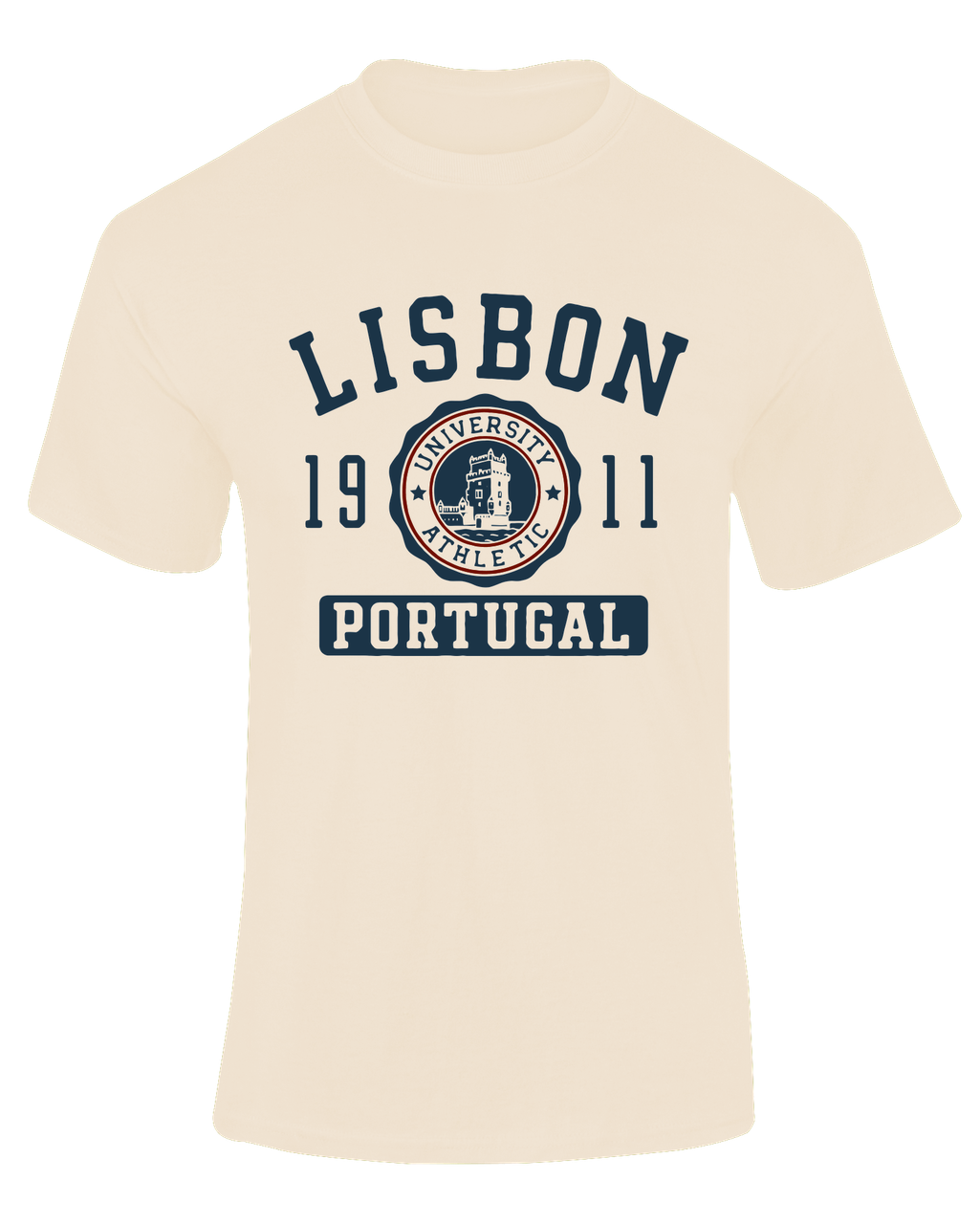 Camiseta Lisboa Portugal color natural con diseño University Athletic 1911 y Torre de Belém