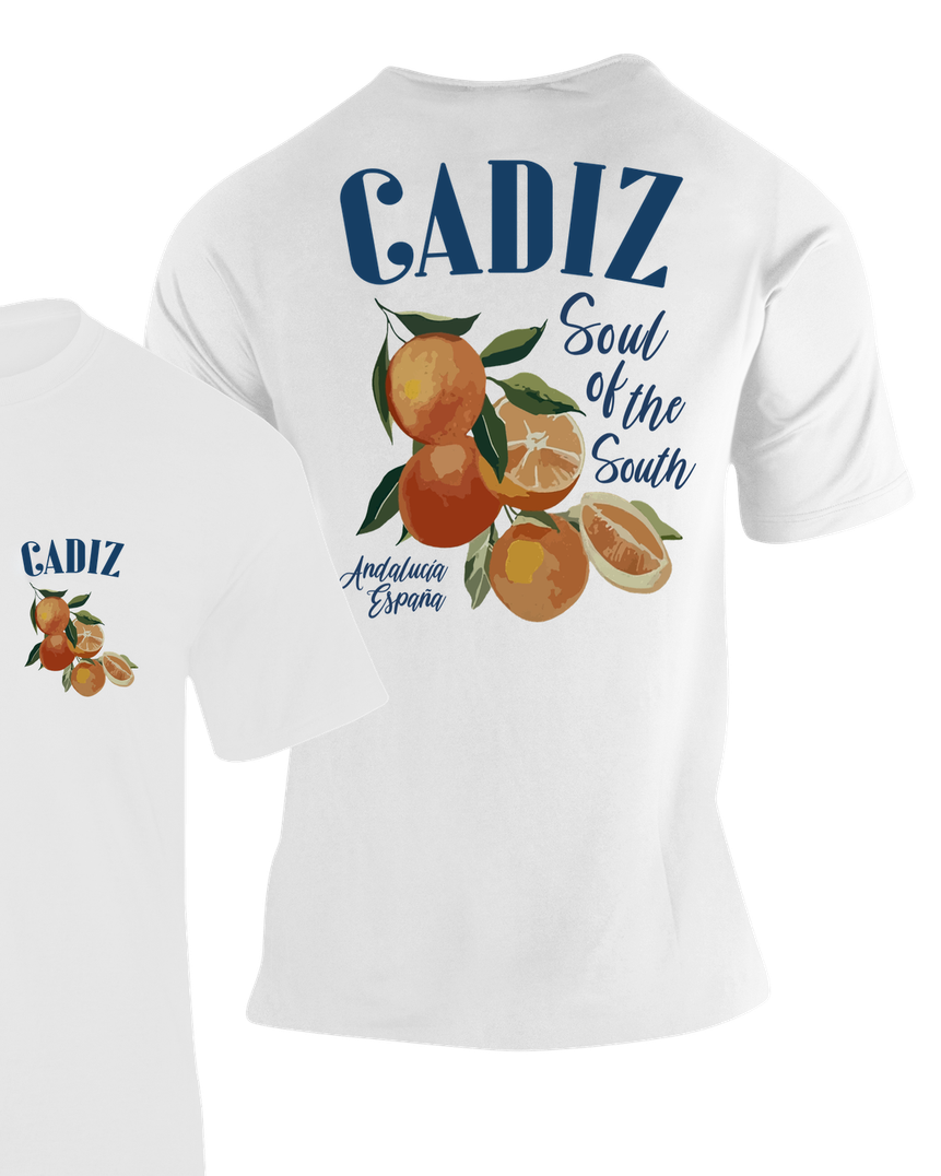 Camiseta Cádiz blanca con estampado de naranjas en la espalda y logo en el pecho
