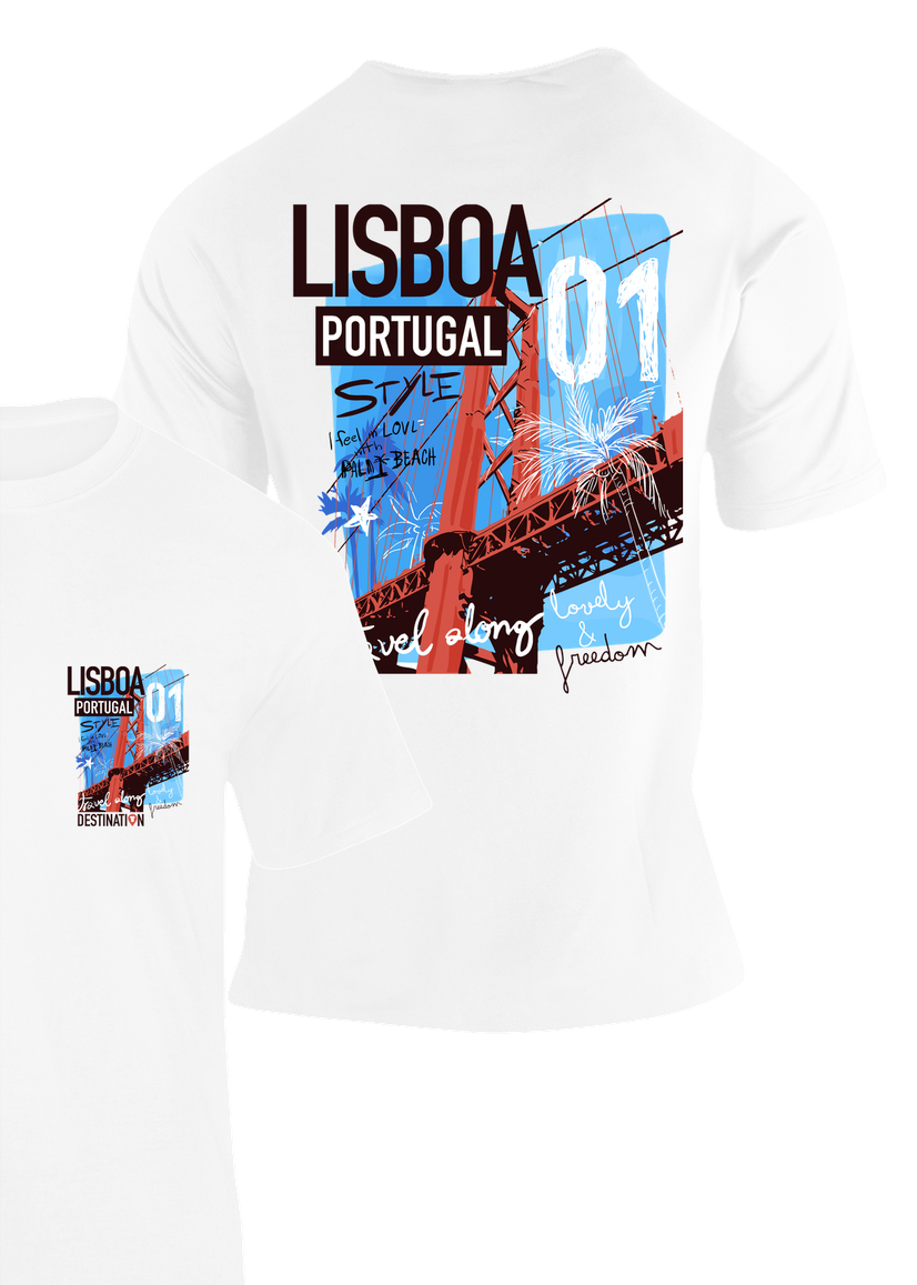 Camiseta Lisboa Portugal blanca con estampado del puente en la espalda y logo en el pecho