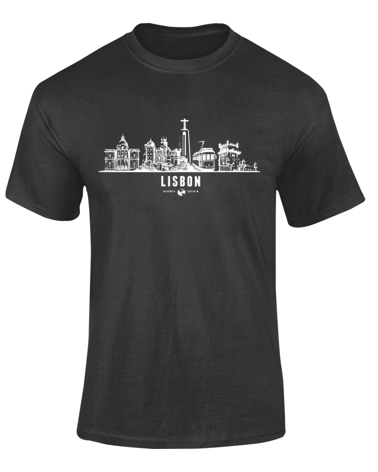 Camiseta Lisboa Portugal negra con ilustración del skyline de la ciudad