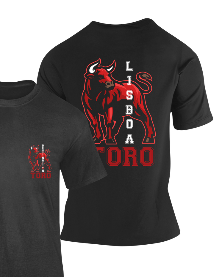 Camiseta Lisboa Portugal negra con estampado de toro Lisboa Toro en la espalda y logo en el pecho