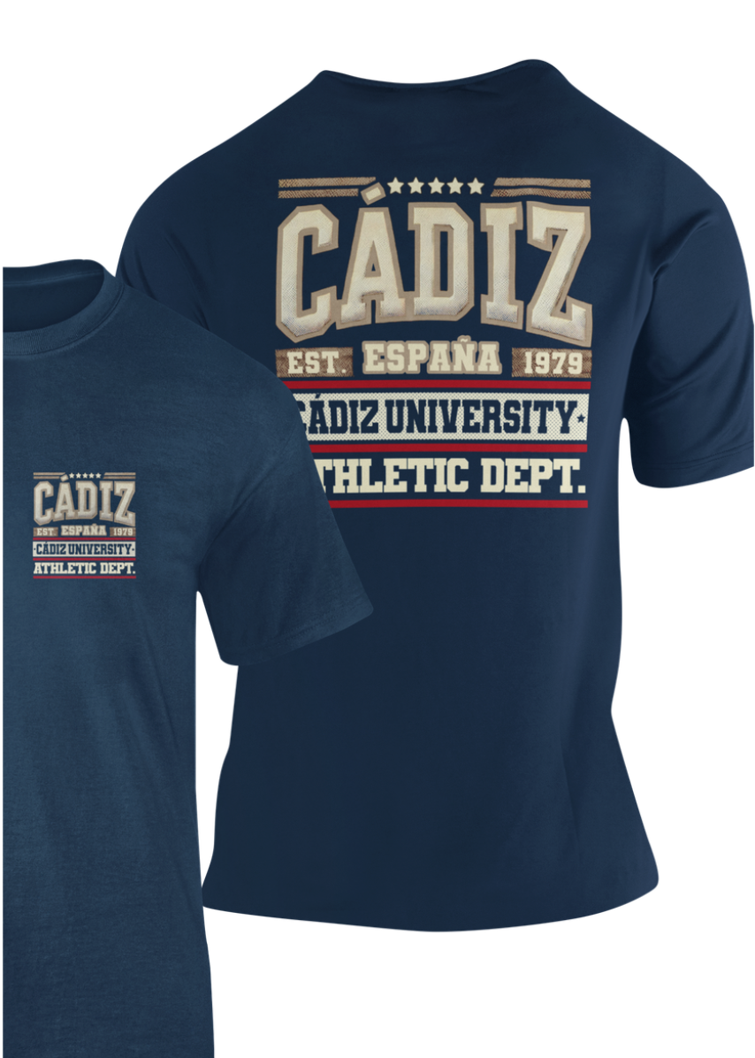 Camiseta Cádiz azul marino con diseño Cádiz University Athletic Dept en la espalda y logo en el pecho