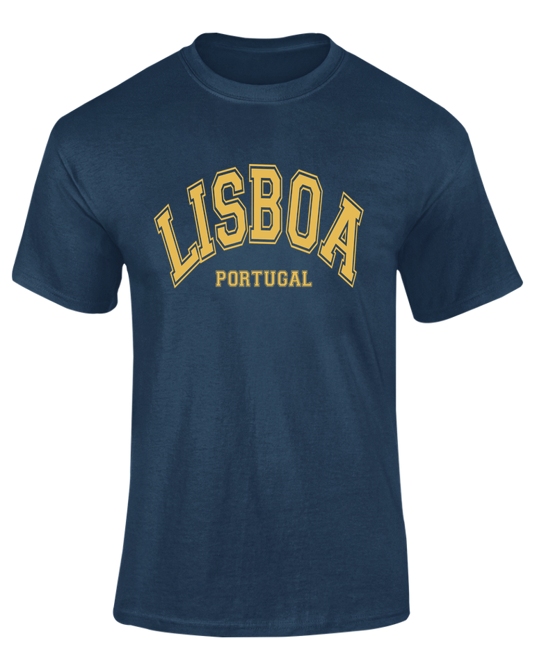 Camiseta Lisboa Portugal azul marino con diseño University Lisboa en amarillo