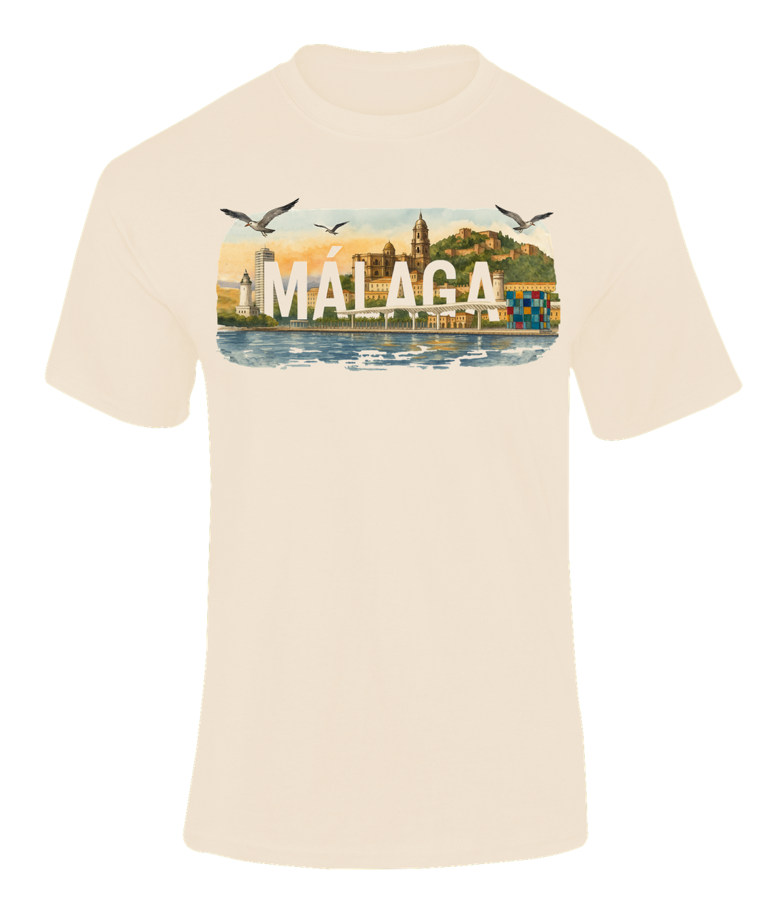 Camiseta Acuarela Málaga color natural con ilustración del skyline, Catedral y Castillo de Gibralfaro – Destination.es