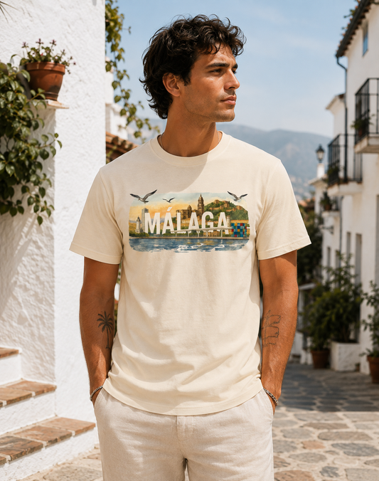 Modelo con Camiseta Acuarela Málaga color natural, diseño de skyline de Málaga – Destination.es