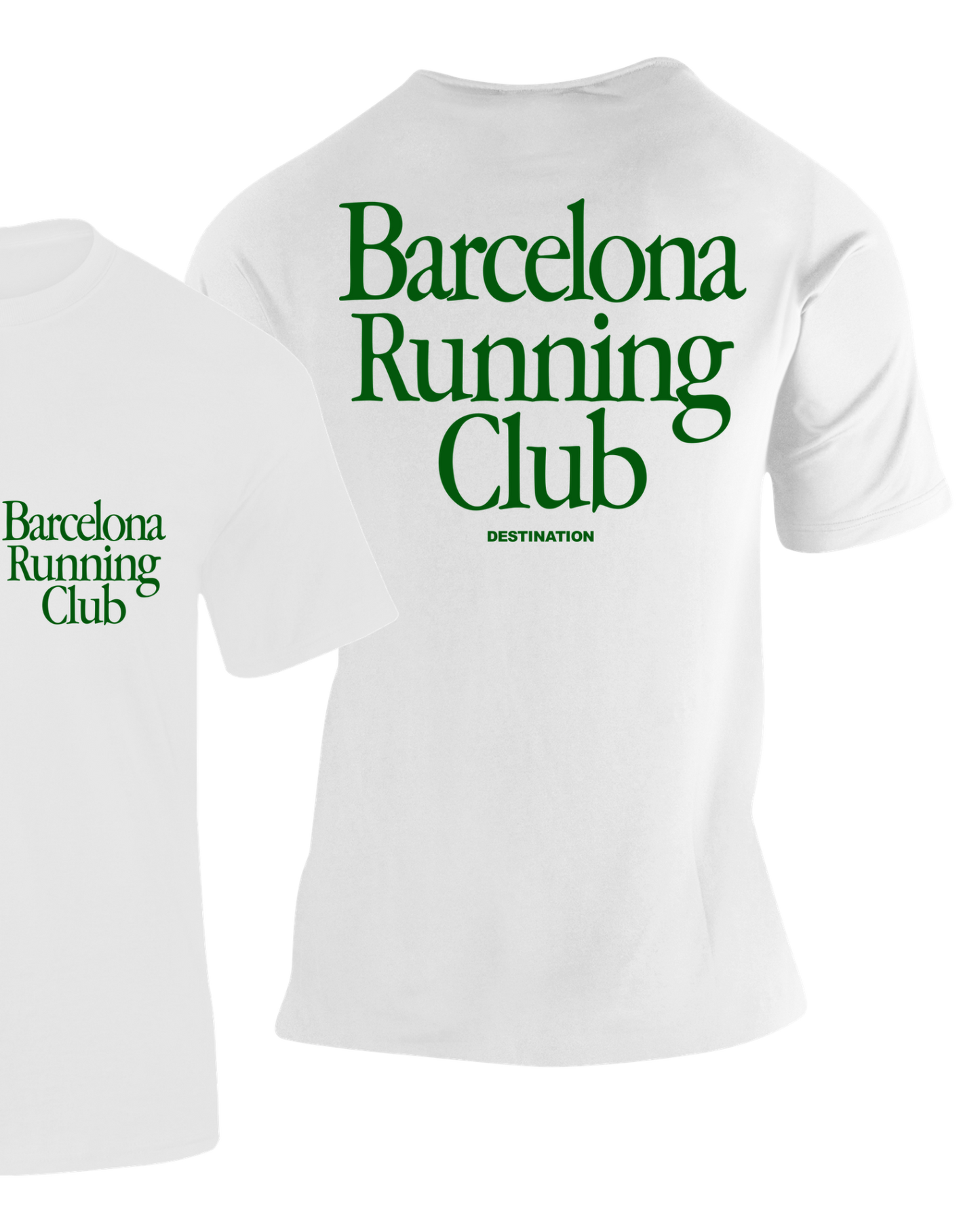 Camiseta Barcelona Running Club blanca con texto en verde estilo serif – Destination.es