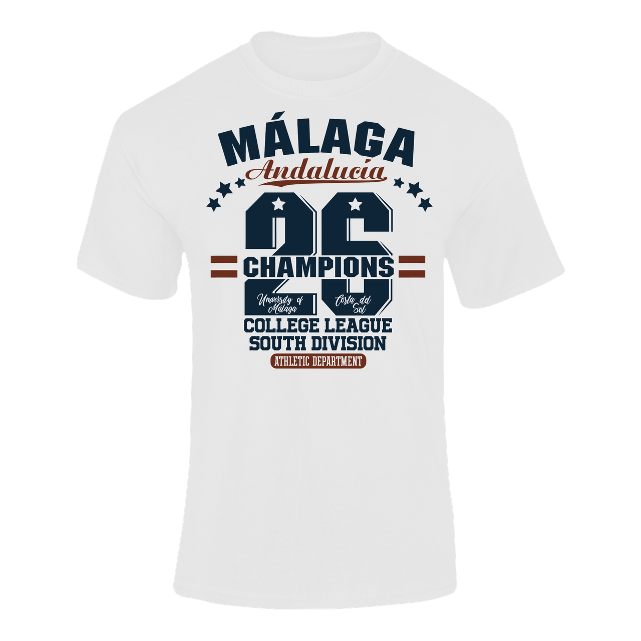 Camiseta Champions 26 Málaga blanca con diseño estilo universitario college – Destination.es
