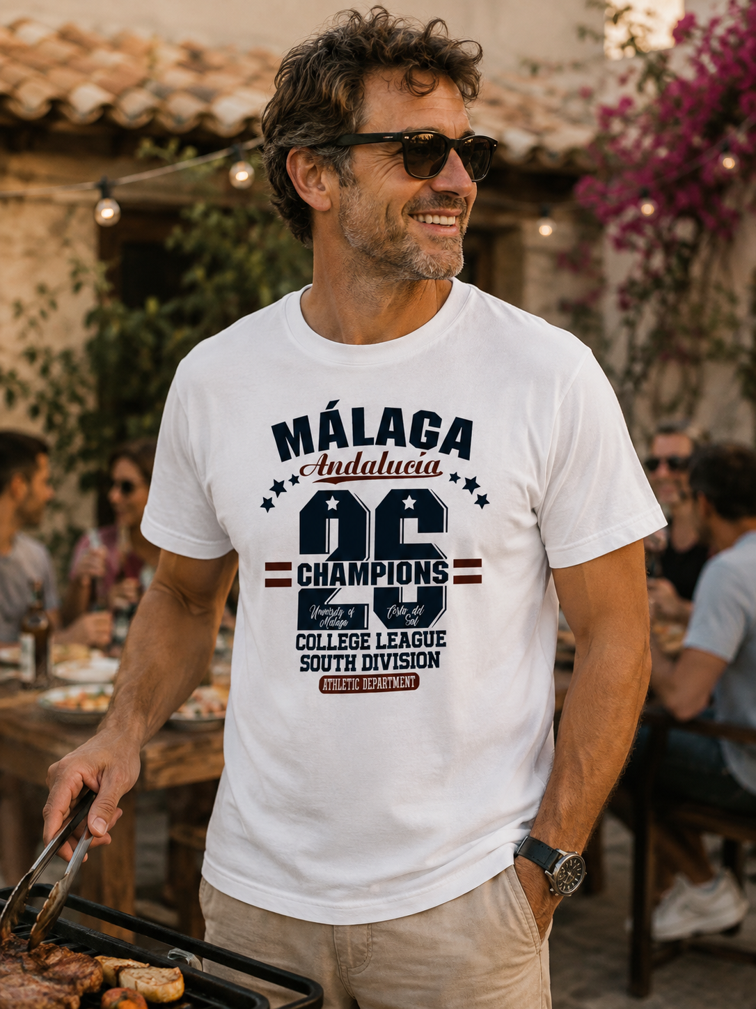 Modelo con Camiseta Champions 26 Málaga blanca, diseño "College League South Division" – Destination.es