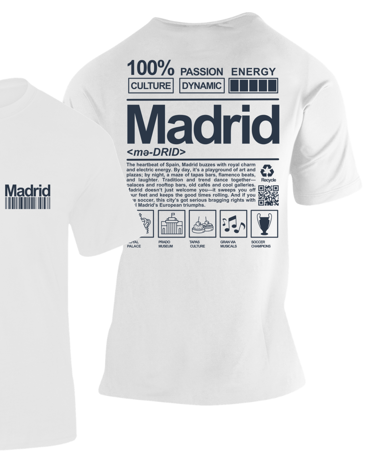 Camiseta City Definition Madrid blanca con diseño de iconos de la ciudad – Destination.es