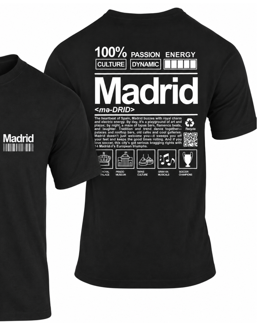 Camiseta City Definition Madrid negra con diseño de iconos de la ciudad – Destination.es