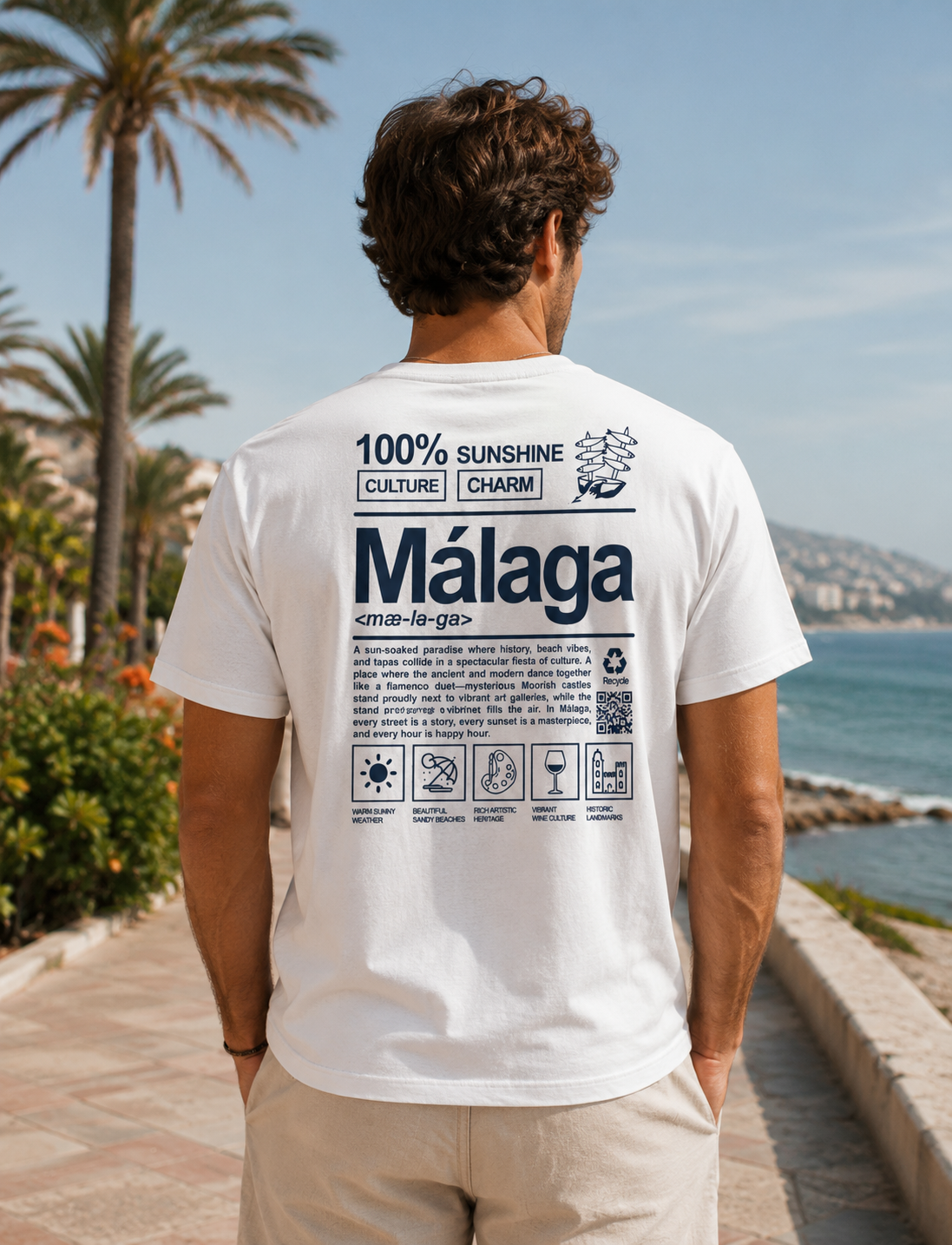 Modelo con Camiseta City Definition Málaga blanca, diseño con iconos representativos de la ciudad – Destination.es