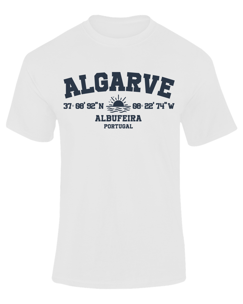 Camiseta Coordenadas Algarve blanca con texto "Algarve Albufeira Portugal" en azul marino – Destination.es