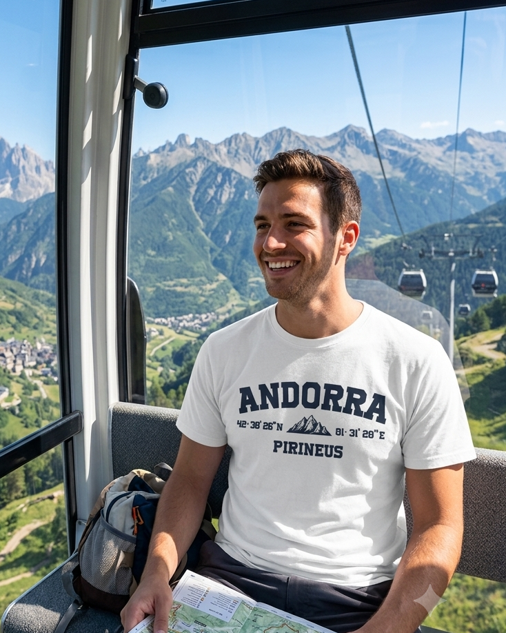 Modelo con Camiseta Coordenadas Andorra blanca, diseño de coordenadas y montaña – Destination.es