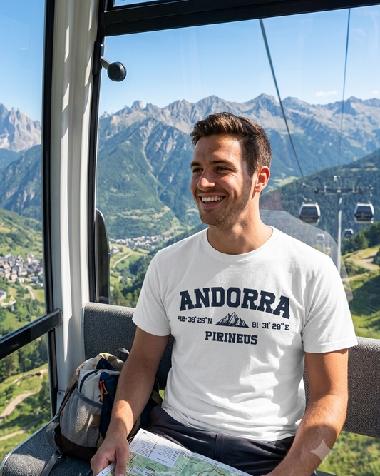 Modelo con Camiseta Coordenadas Andorra blanca, diseño de coordenadas y montaña – Destination.es