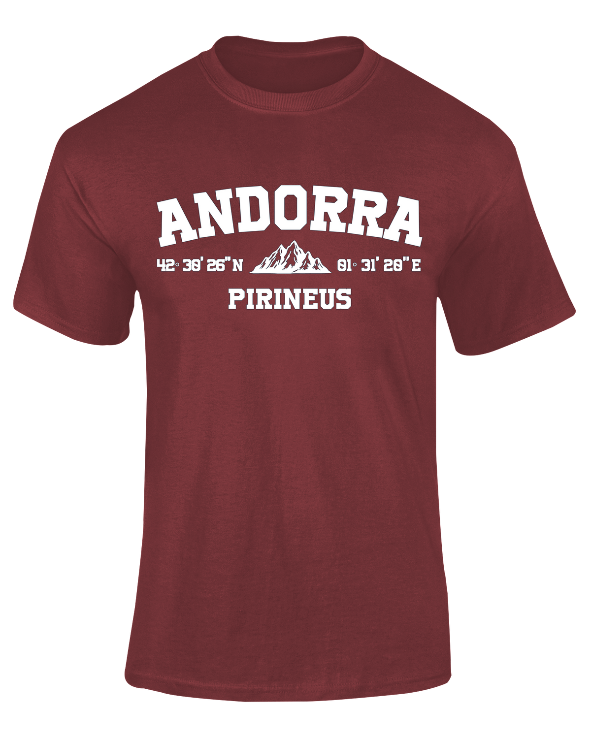 Camiseta Coordenadas Andorra burdeos con texto "Andorra Pirineus" en blanco – Destination.es