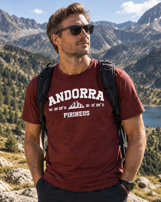Modelo con Camiseta Coordenadas Andorra burdeos, diseño de coordenadas y montaña – Destination.es
