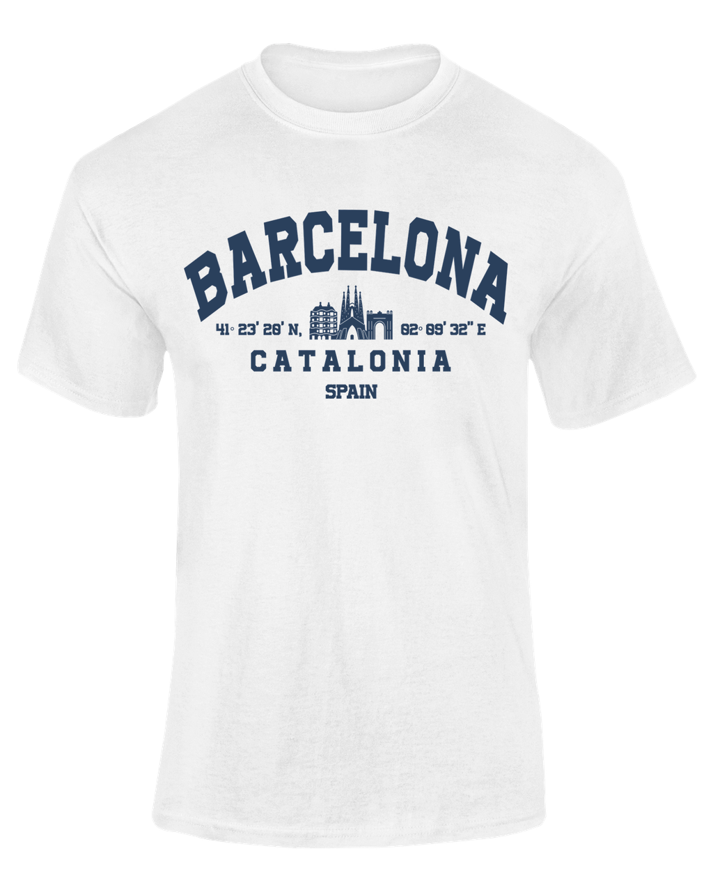 Camiseta Coordenadas Barcelona blanca con texto "Barcelona Catalonia Spain" en azul marino – Destination.es
