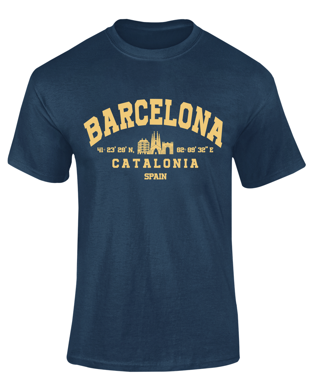 Camiseta Coordenadas Barcelona azul marino con texto "Barcelona Catalonia Spain" en amarillo – Destination.es