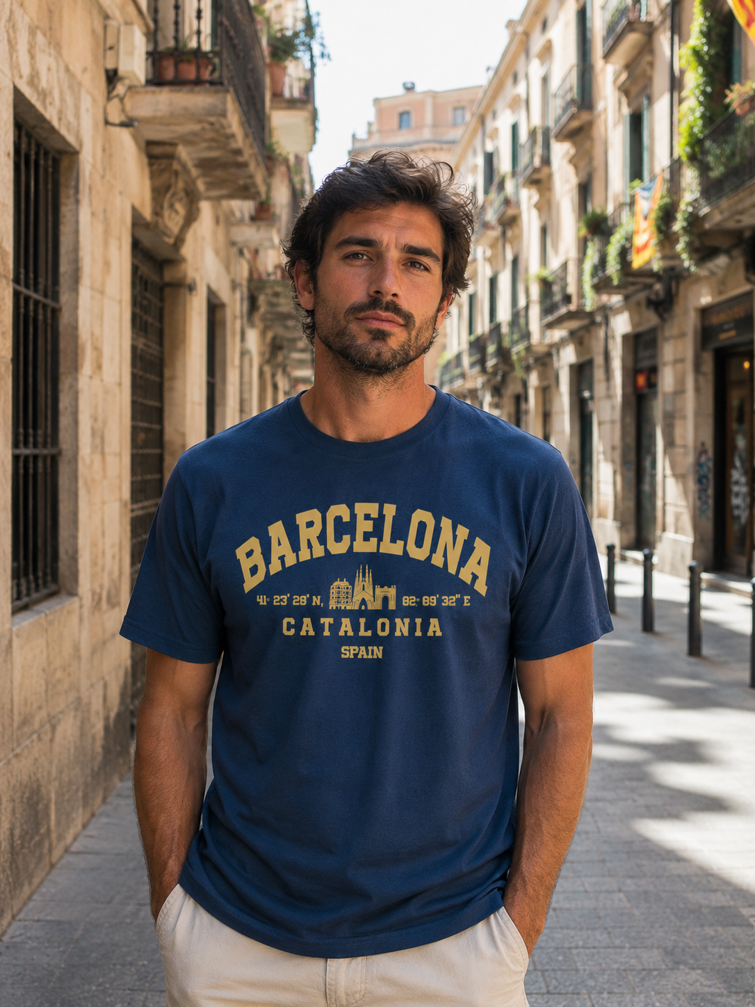 Modelo con Camiseta Coordenadas Barcelona azul marino, diseño de coordenadas y skyline – Destination.es