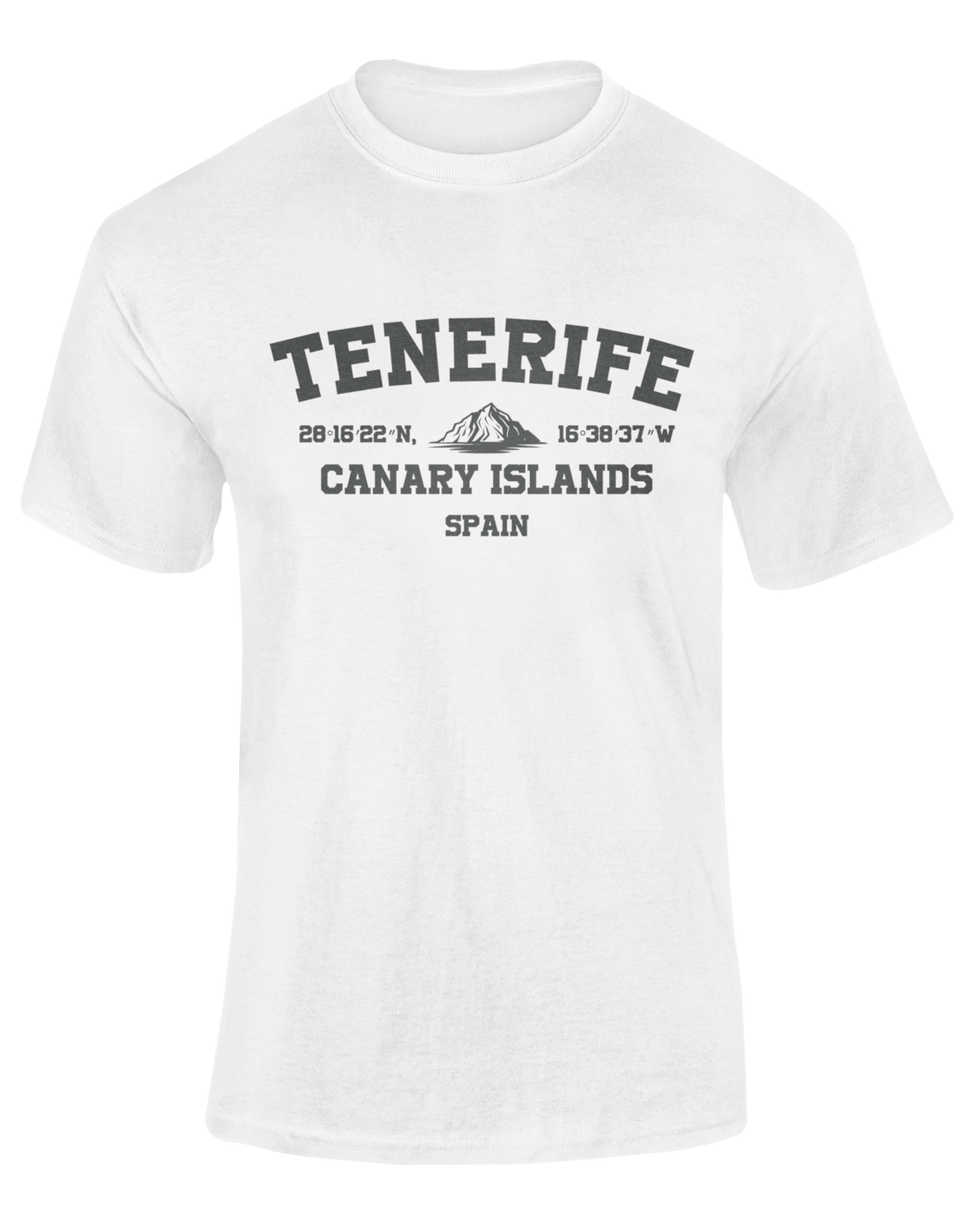Camiseta Coordenadas Tenerife blanca con texto "Tenerife Canary Islands" en gris – Destination.es