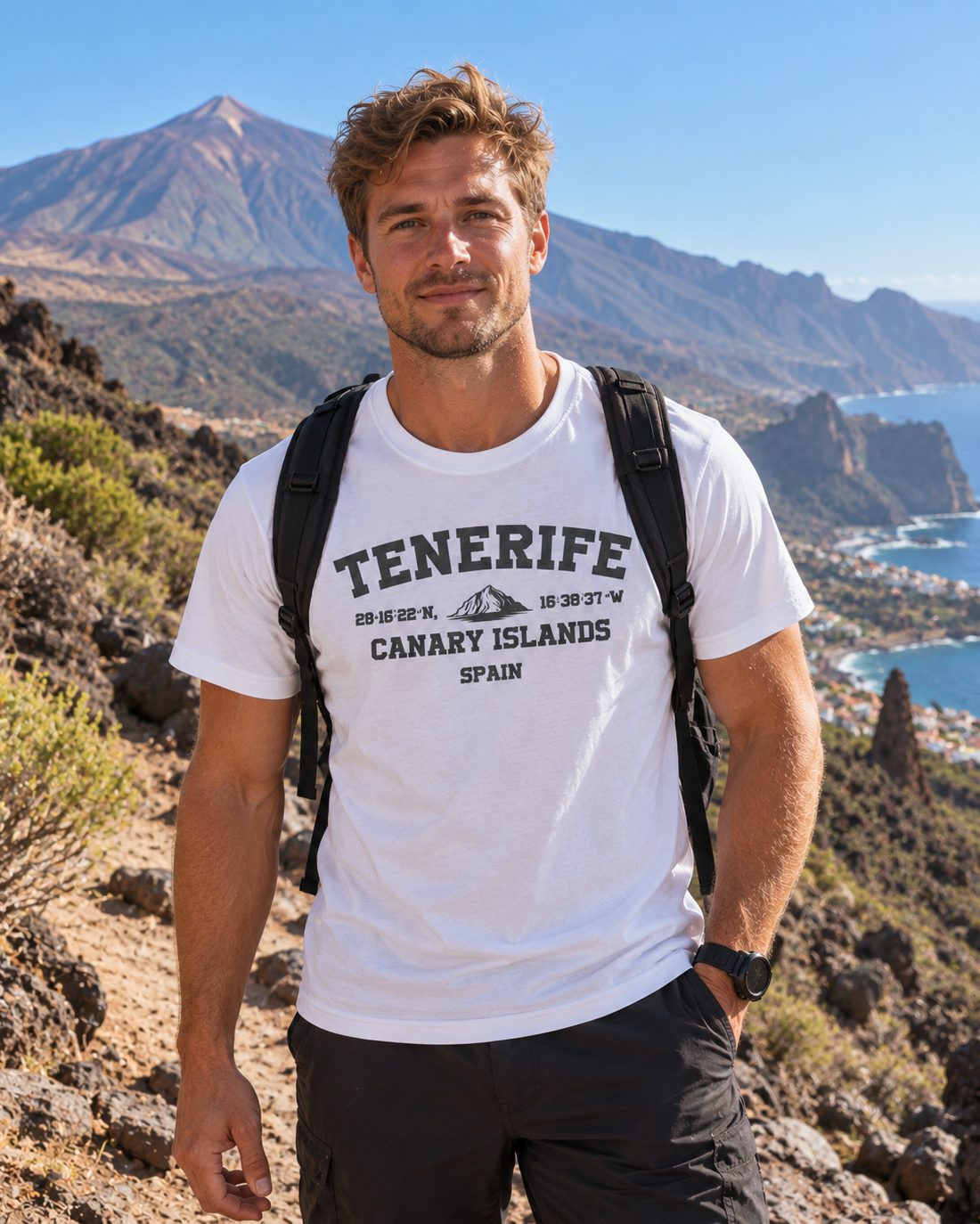 Modelo con Camiseta Coordenadas Tenerife blanca, diseño de coordenadas y montaña – Destination.es