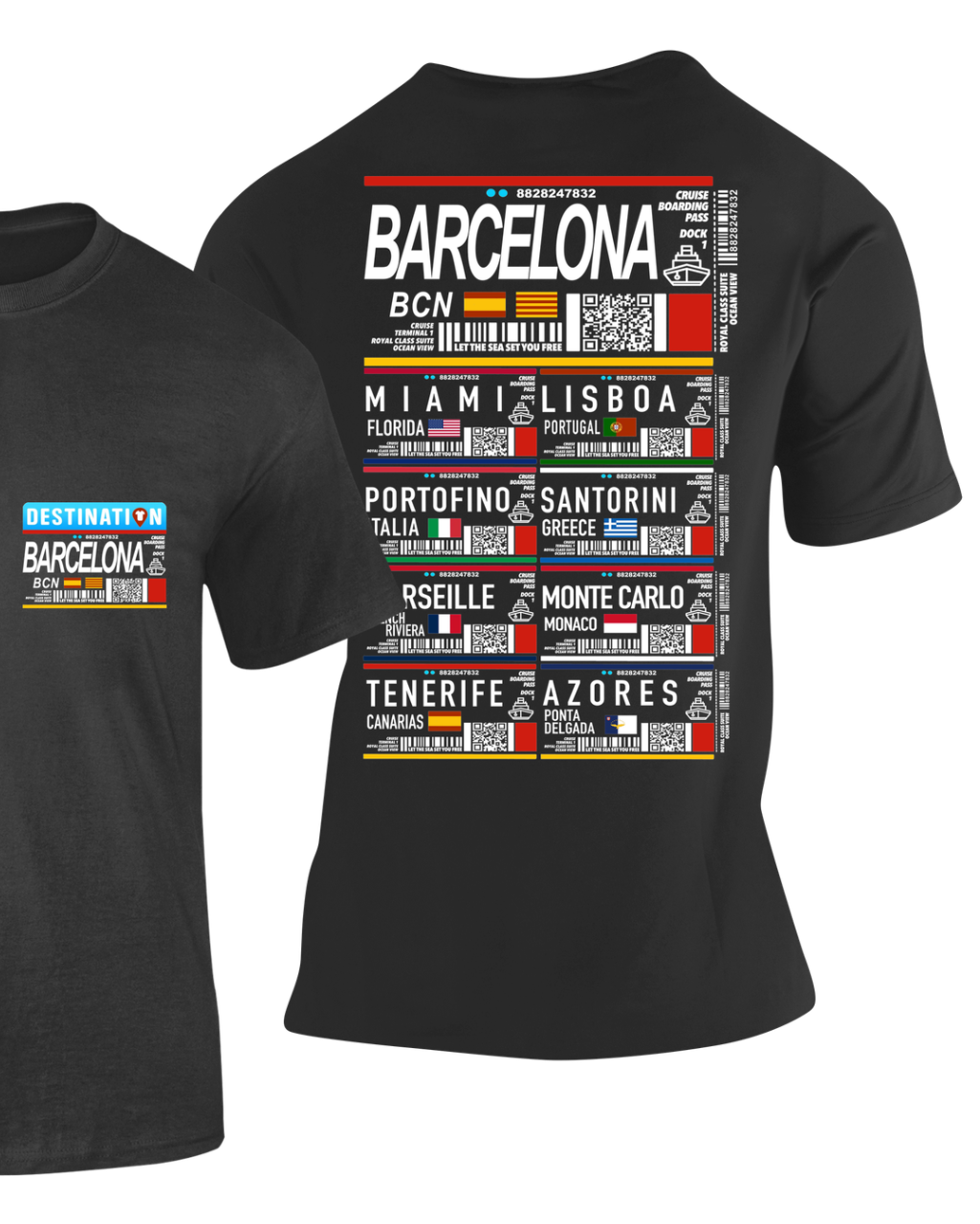 Camiseta Cruceros Barcelona negra con diseño de pases de embarque de varios destinos mediterráneos – Destination.es