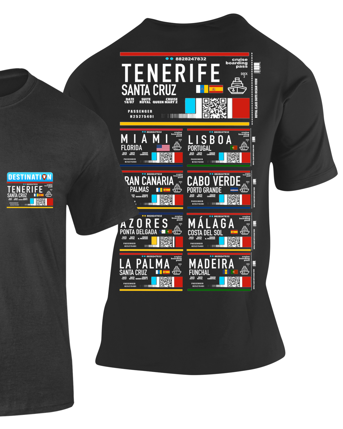 Camiseta Cruceros Tenerife negra con diseño de pases de embarque de varios destinos – Destination.es