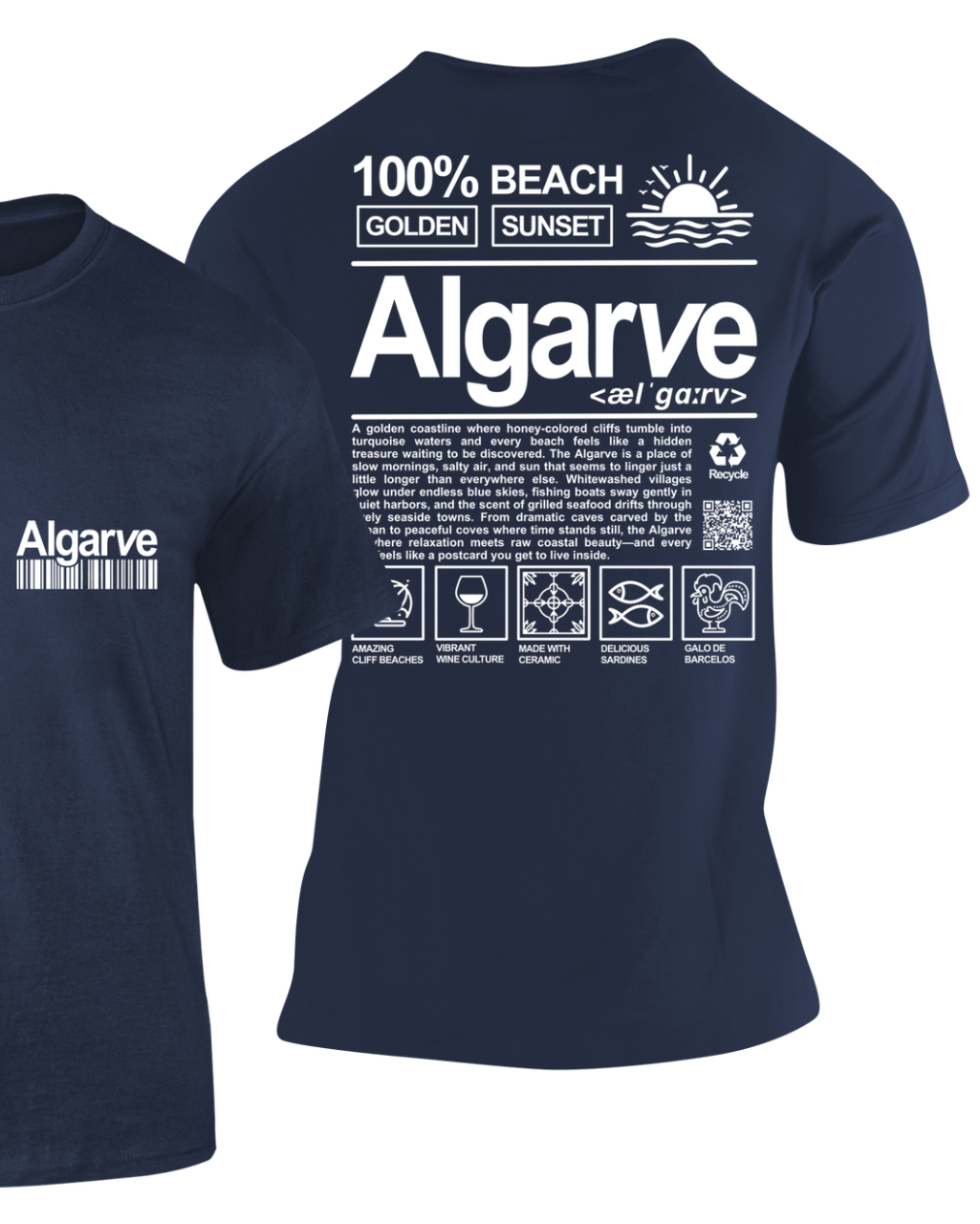 Camiseta Definición Algarve azul marino con diseño de iconos de la región – Destination.es