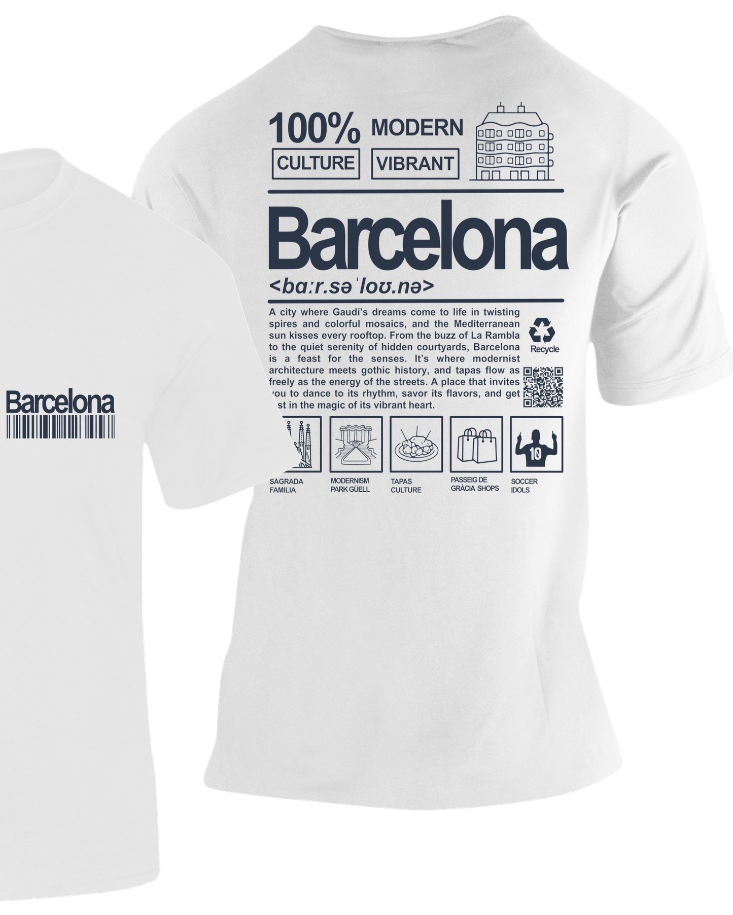 Camiseta Definición Barcelona blanca con diseño de arquitectura modernista e iconos de la ciudad – Destination.es
