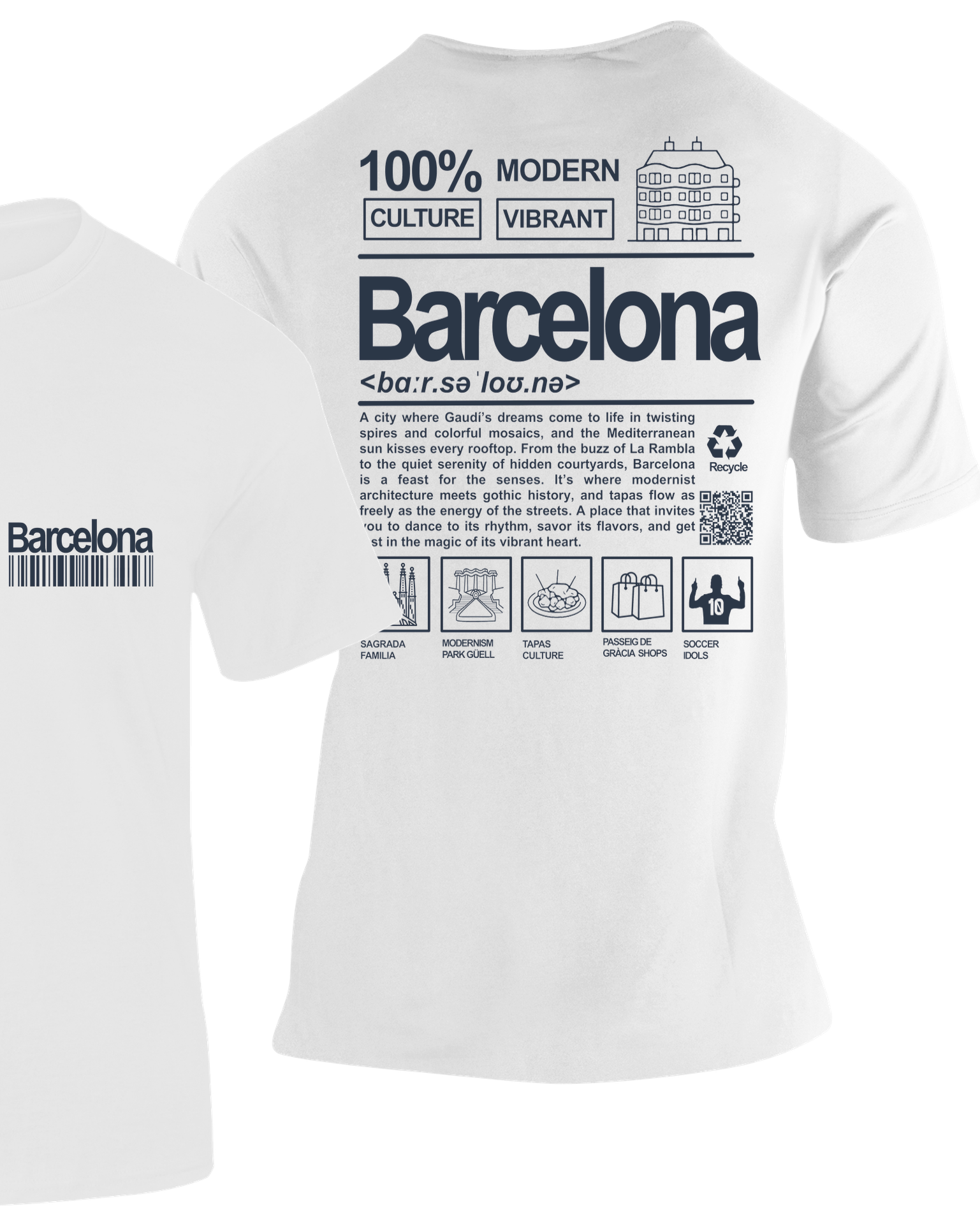 Camiseta Definición Barcelona blanca con diseño de arquitectura modernista e iconos de la ciudad – Destination.es