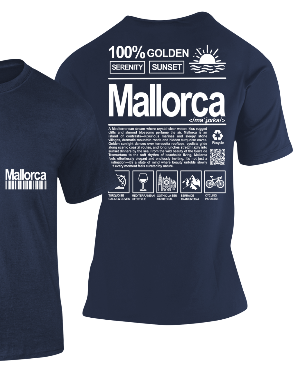 Camiseta Definición Mallorca azul marino con diseño de iconos de la isla – Destination.es