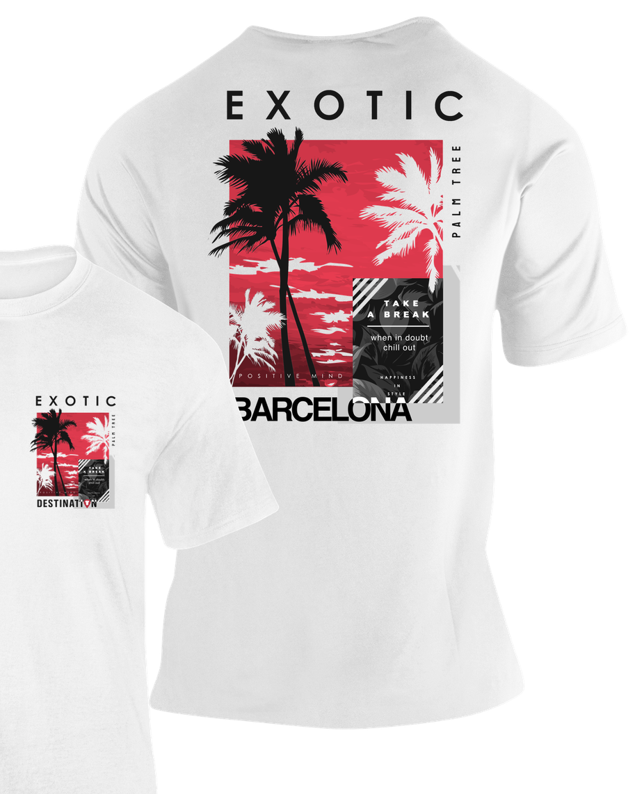Camiseta Exotic Palm Tree Barcelona blanca con collage de palmeras y texto "Barcelona" – Destination.es