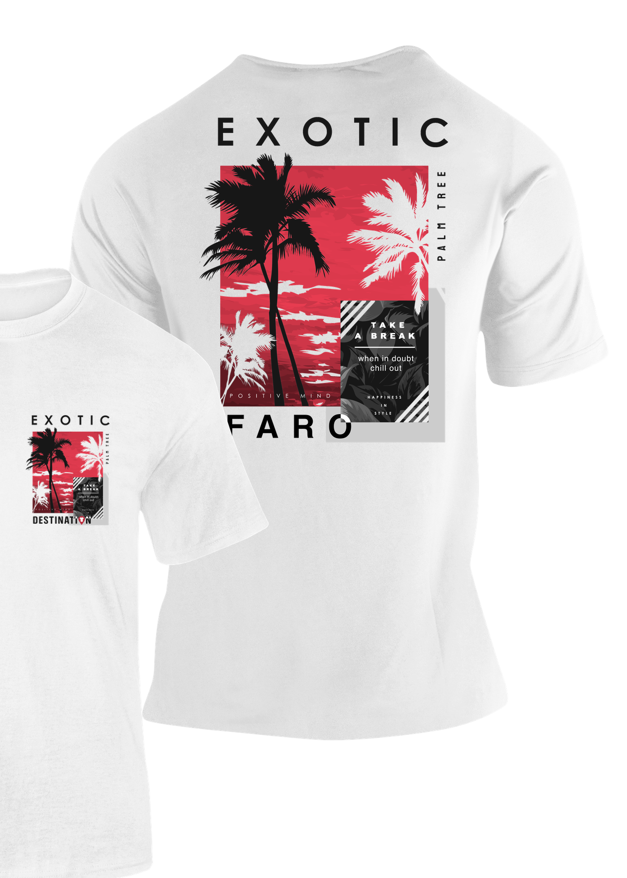 Camiseta Exotic Palm Tree Faro blanca con collage de palmeras y texto "Faro" – Destination.es