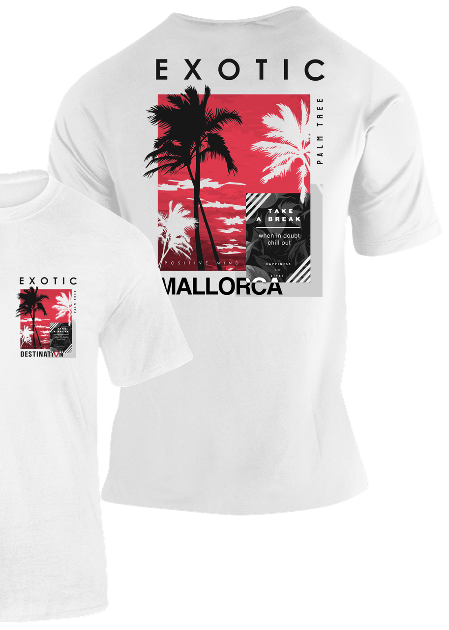 Camiseta Exotic Palm Tree Mallorca blanca con collage de palmeras y texto "Mallorca" – Destination.es