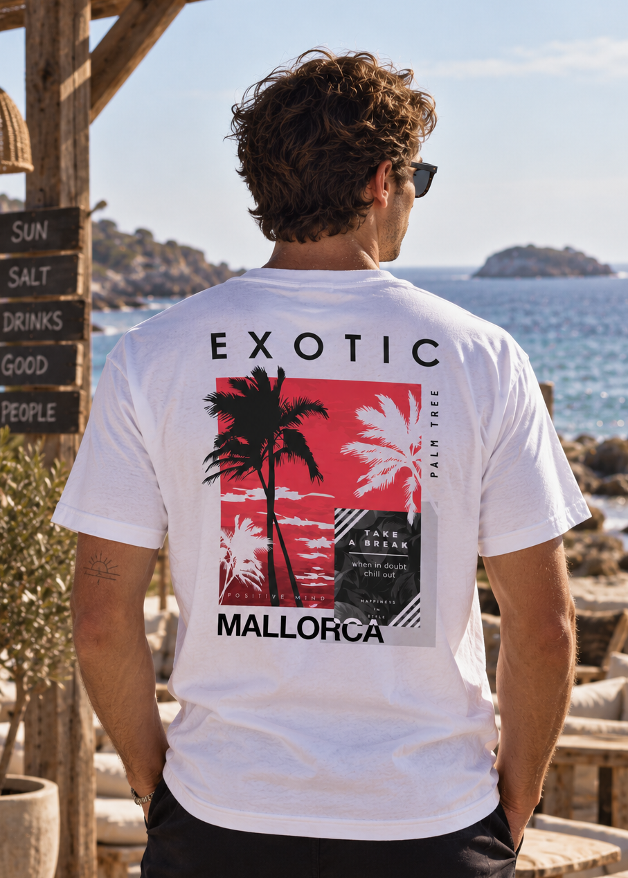 Modelo con Camiseta Exotic Palm Tree Mallorca blanca, diseño streetwear de palmeras – Destination.es