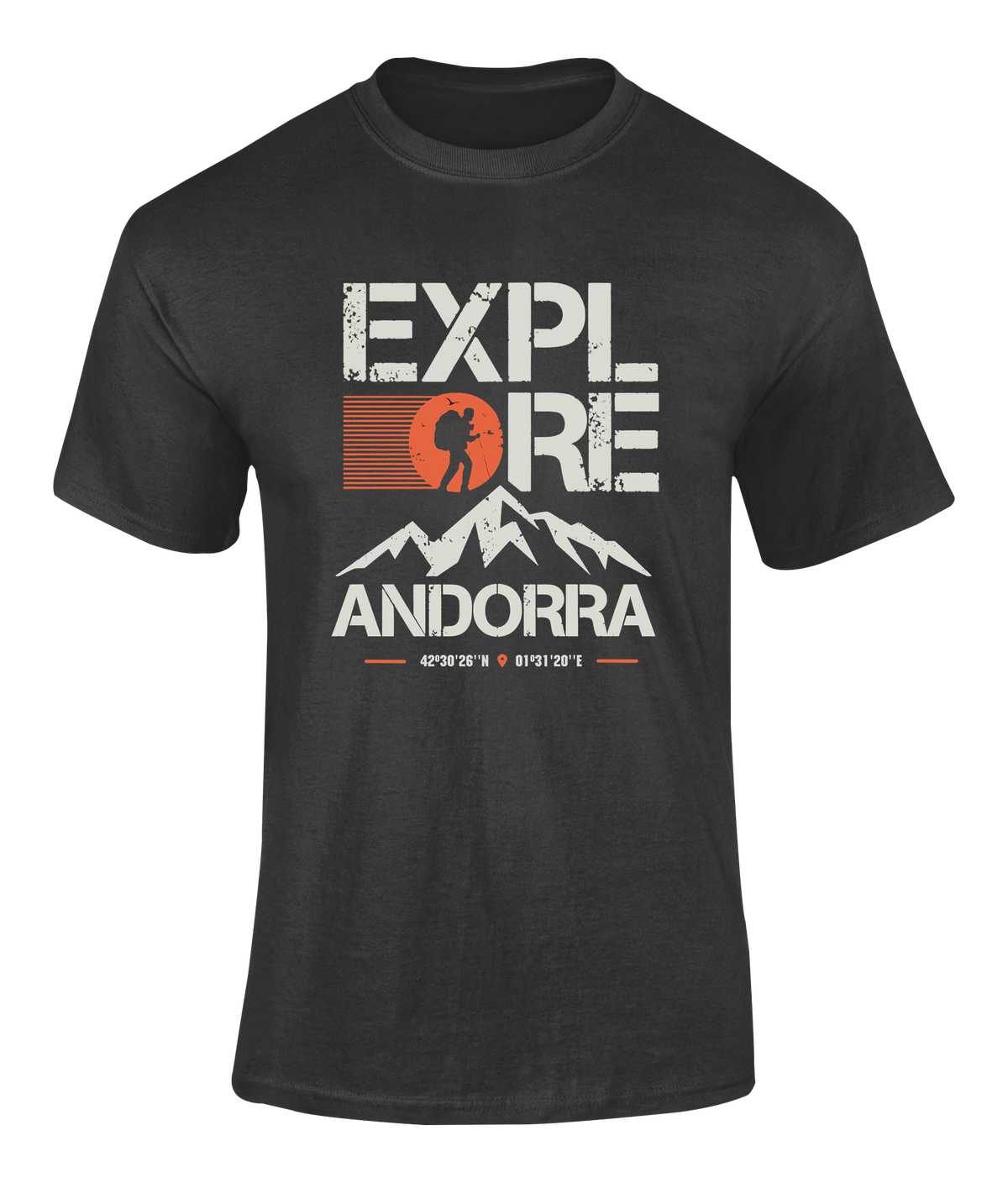 Camiseta Explore Andorra negra con ilustración de excursionista y montañas – Destination.es