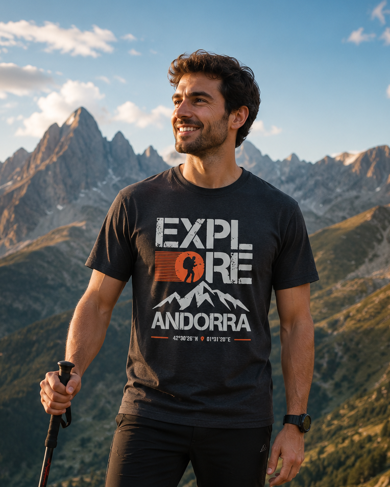 Modelo con Camiseta Explore Andorra negra, diseño de senderismo vintage – Destination.es