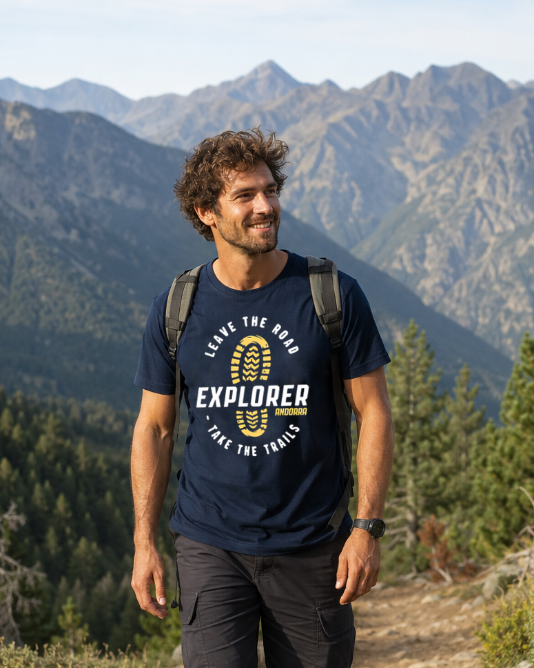 Modelo con Camiseta Explorer Andorra azul marino, diseño de senderismo – Destination.es