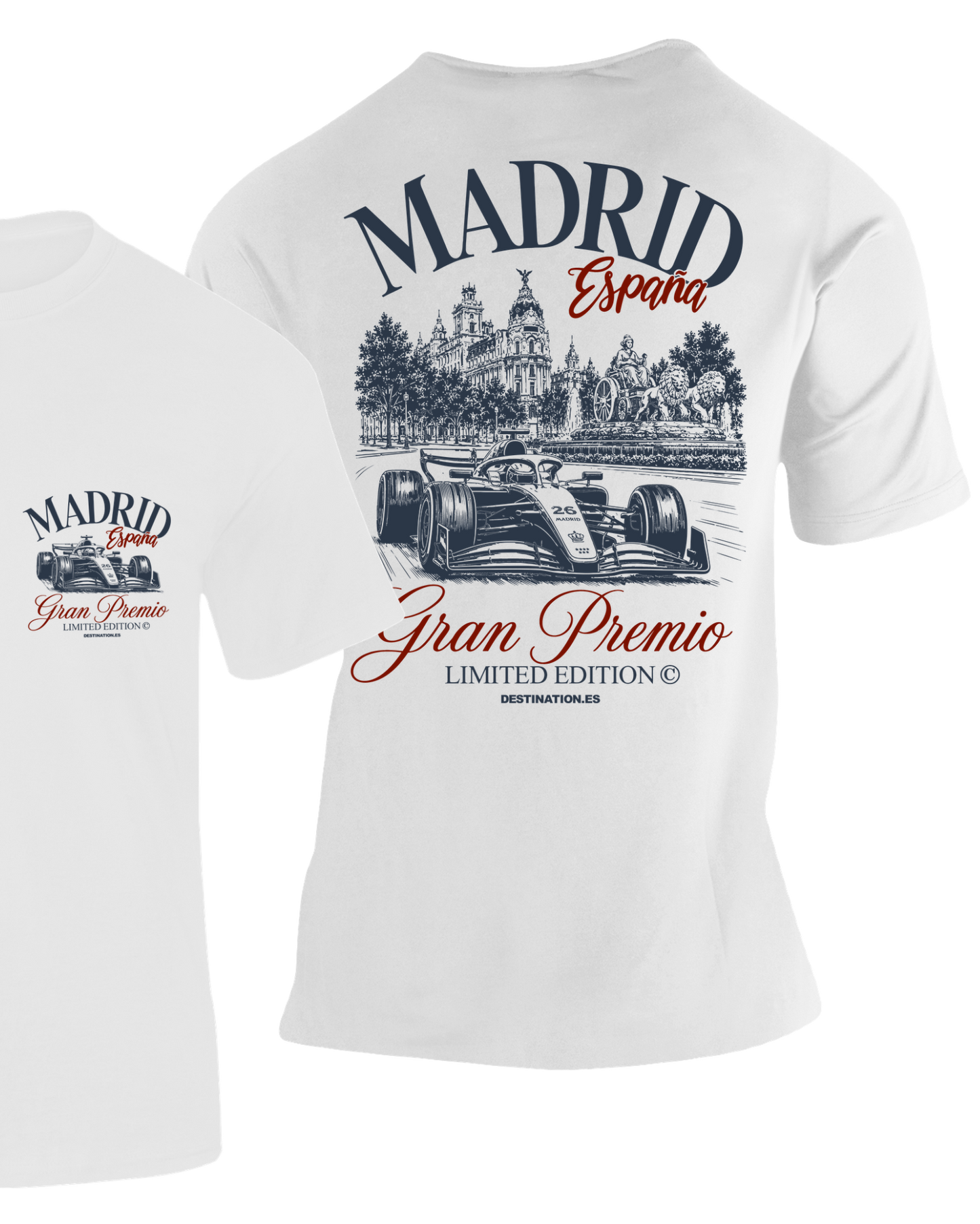 Camiseta Gran Premio Madrid blanca edición limitada con diseño de Fórmula 1 y monumento de Cibeles – Destination.es