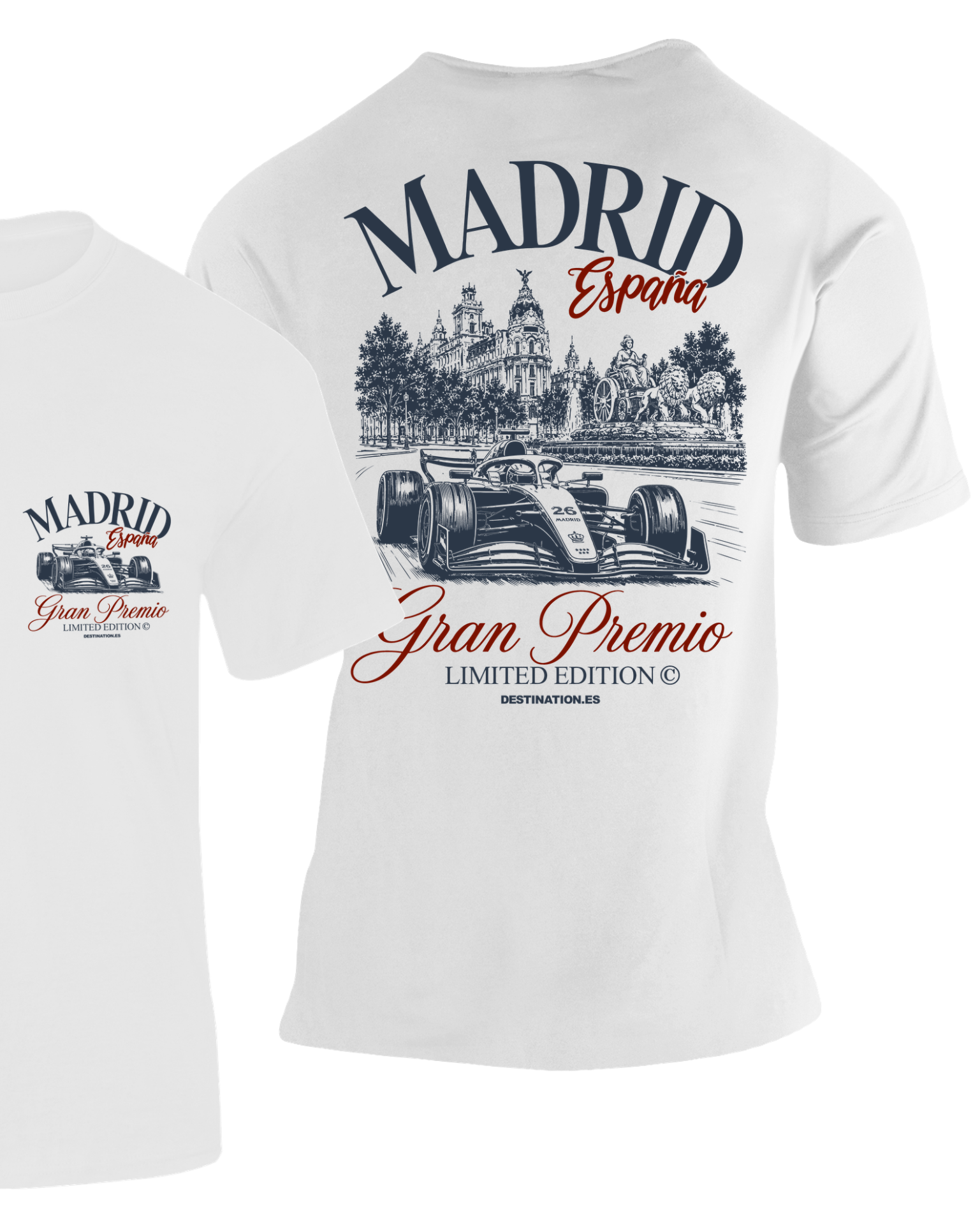 Camiseta Gran Premio Madrid blanca edición limitada con diseño de Fórmula 1 y monumento de Cibeles – Destination.es