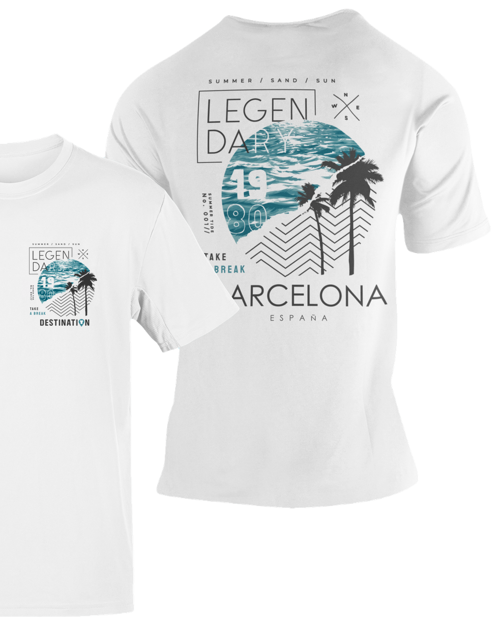 Camiseta Legendary Barcelona blanca con diseño de playa, palmeras y texto "1980" – Destination.es