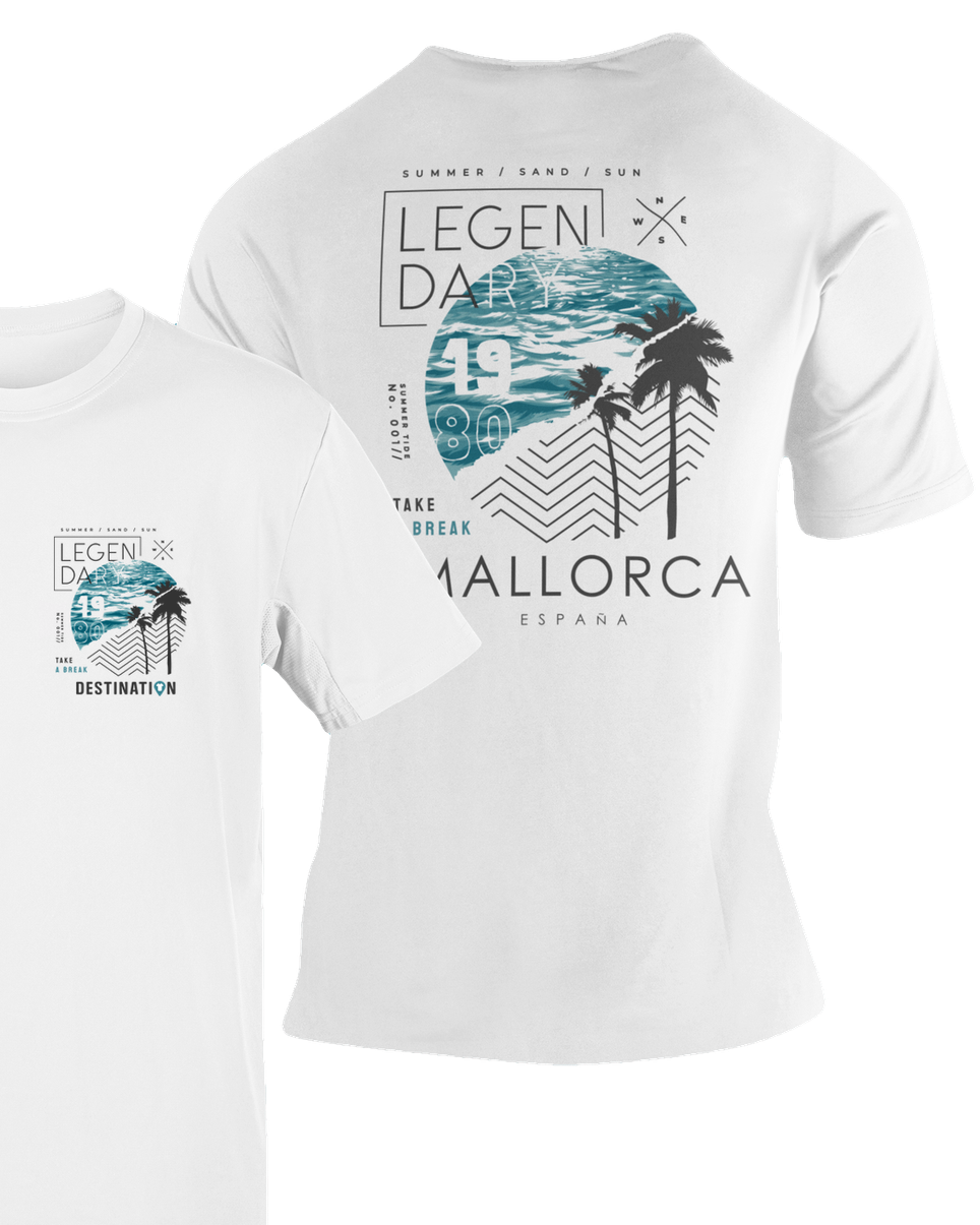 Camiseta Legendary Mallorca blanca con diseño de playa, palmeras y texto "1980" – Destination.es