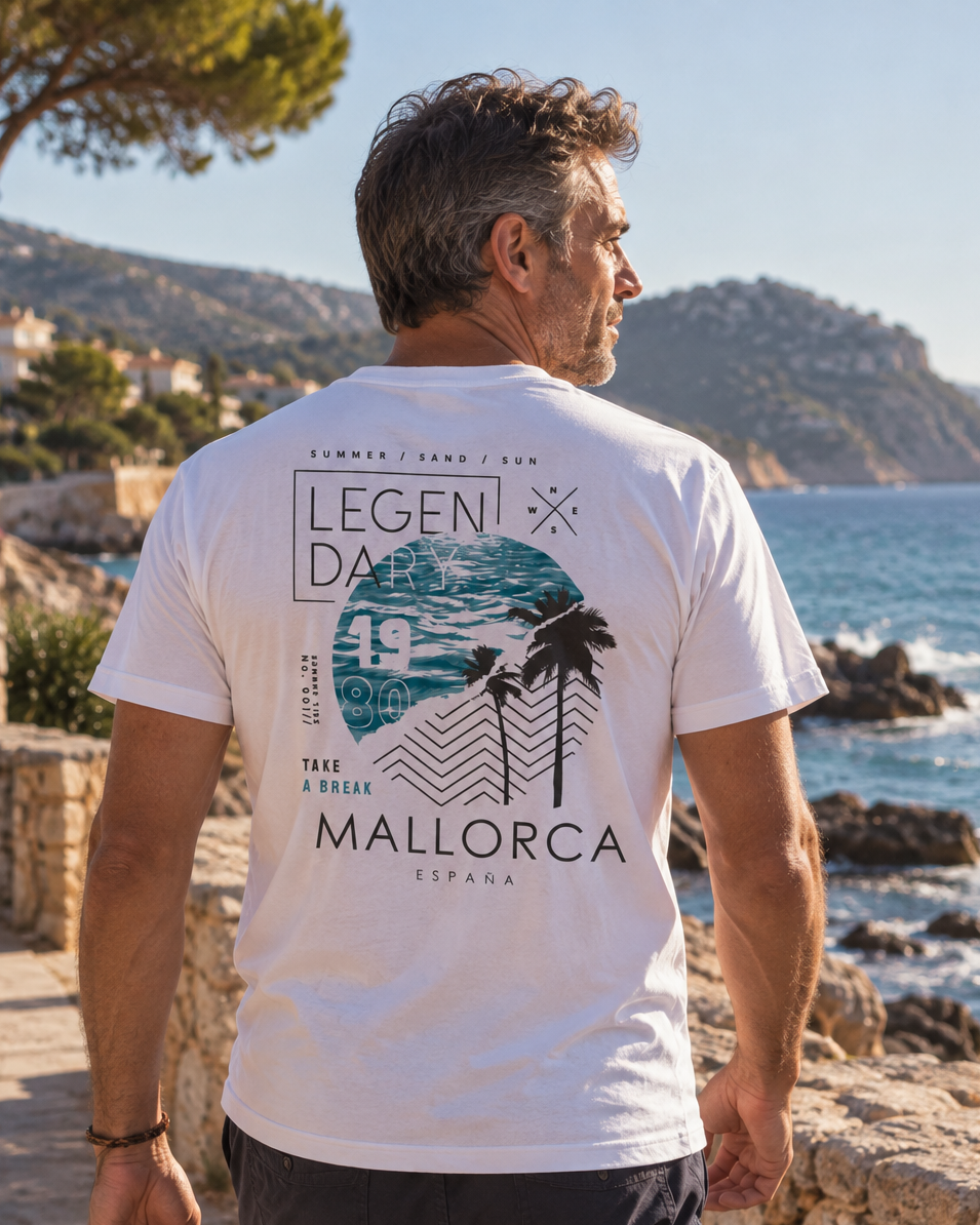 Modelo con Camiseta Legendary Mallorca blanca, diseño streetwear de playa – Destination.es