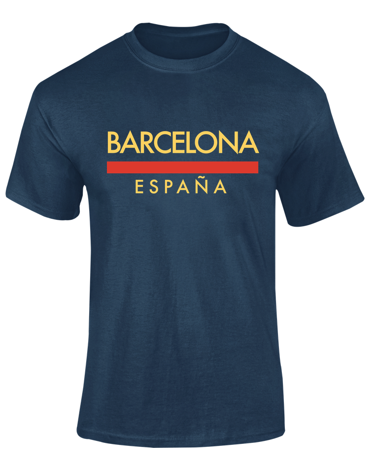 Camiseta Línea Roja Barcelona azul marino con texto "Barcelona España" en amarillo y línea roja – Destination.es