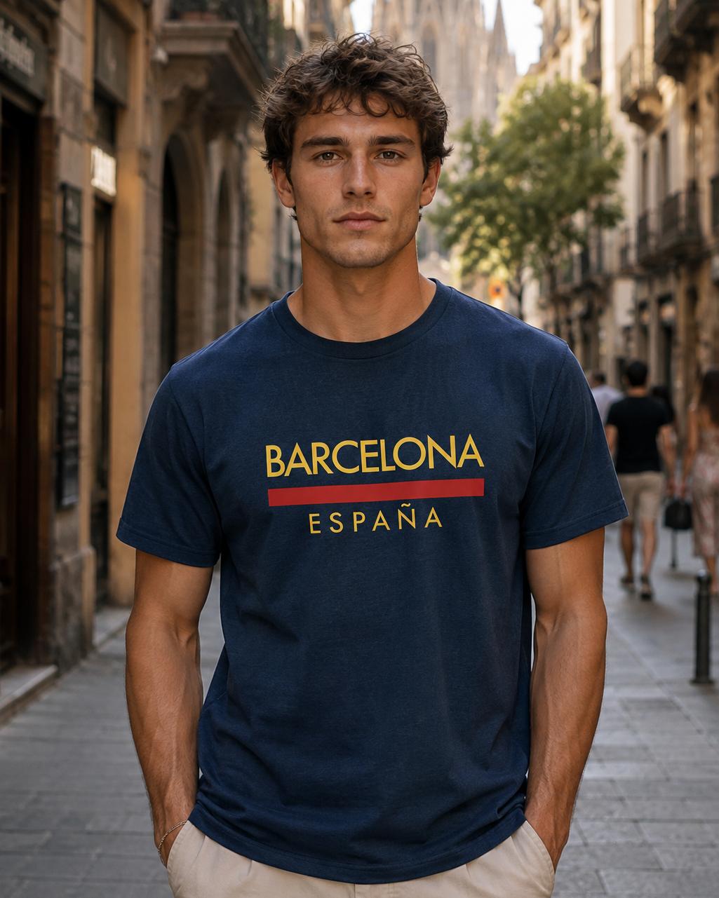 Modelo con Camiseta Línea Roja Barcelona azul marino, diseño "Barcelona España" – Destination.es